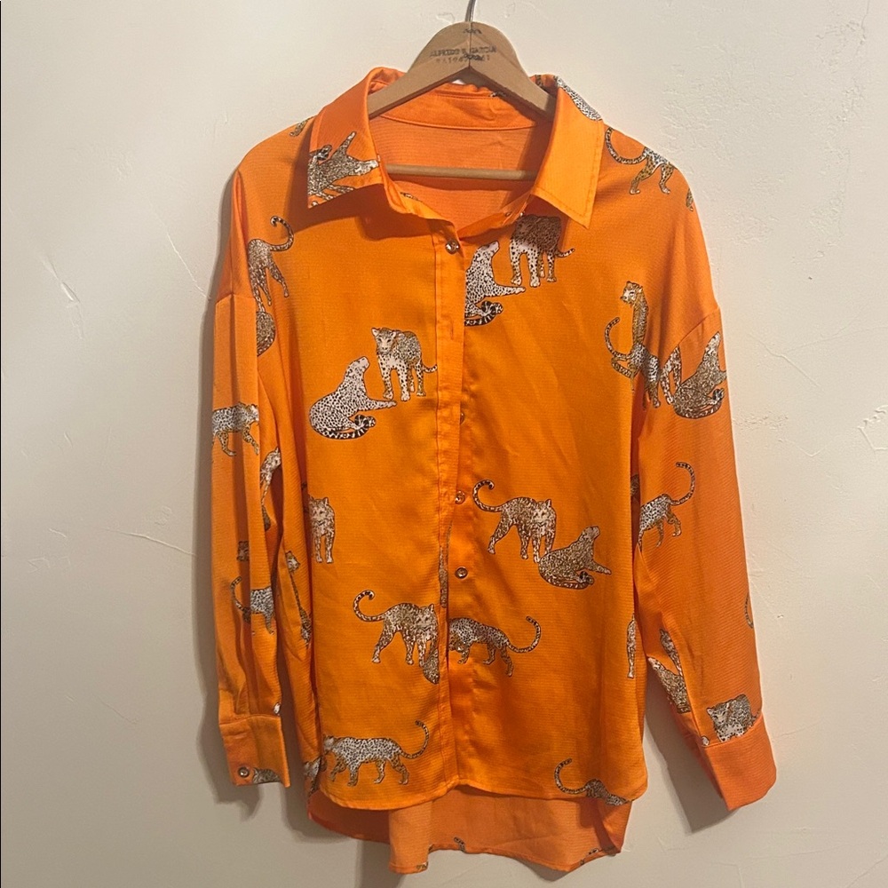 Orange Leopard Print Button-Up Shirt